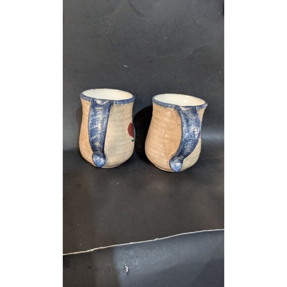 Handmade Stoneware Pottery Mugs Pair Red Heart Blue Trim Rustic Kitchen BW92 - Picture 6 of 7
